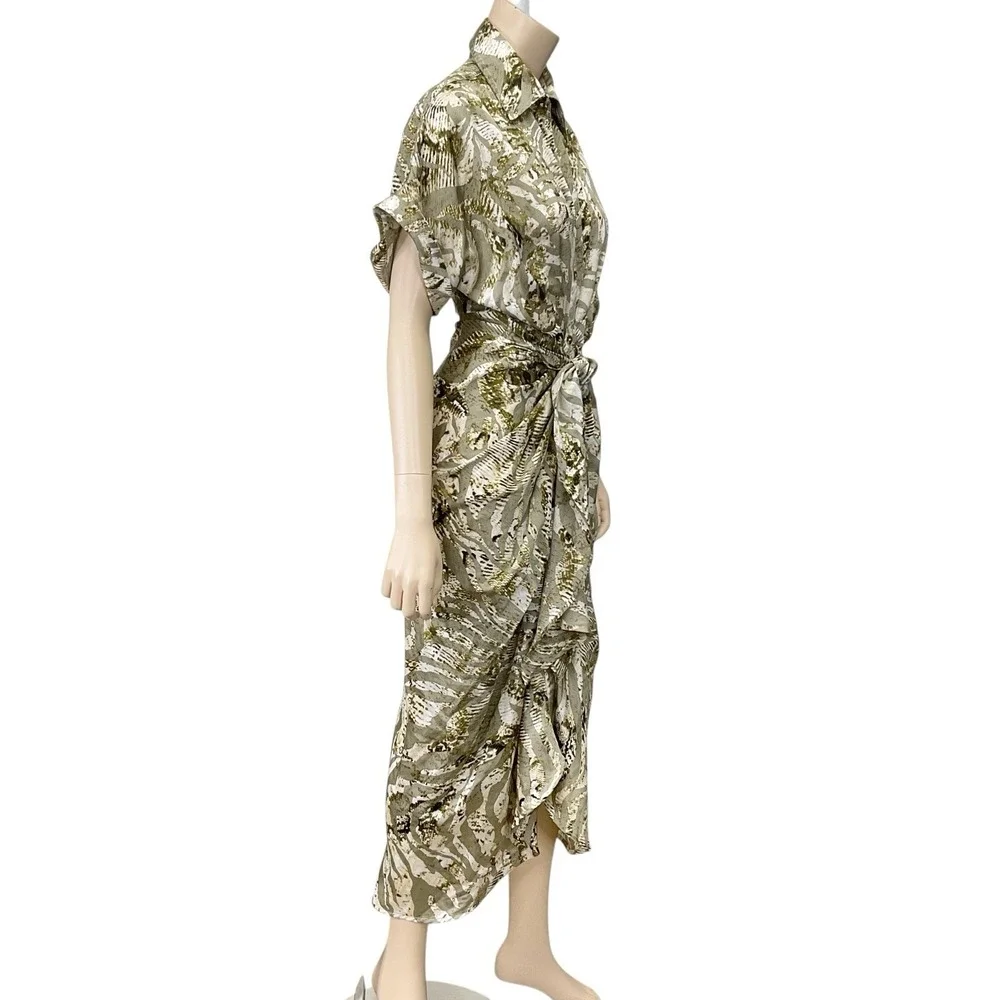 Mable Dress Small Women Green Print Short Sleeve Button Front Collared Midi